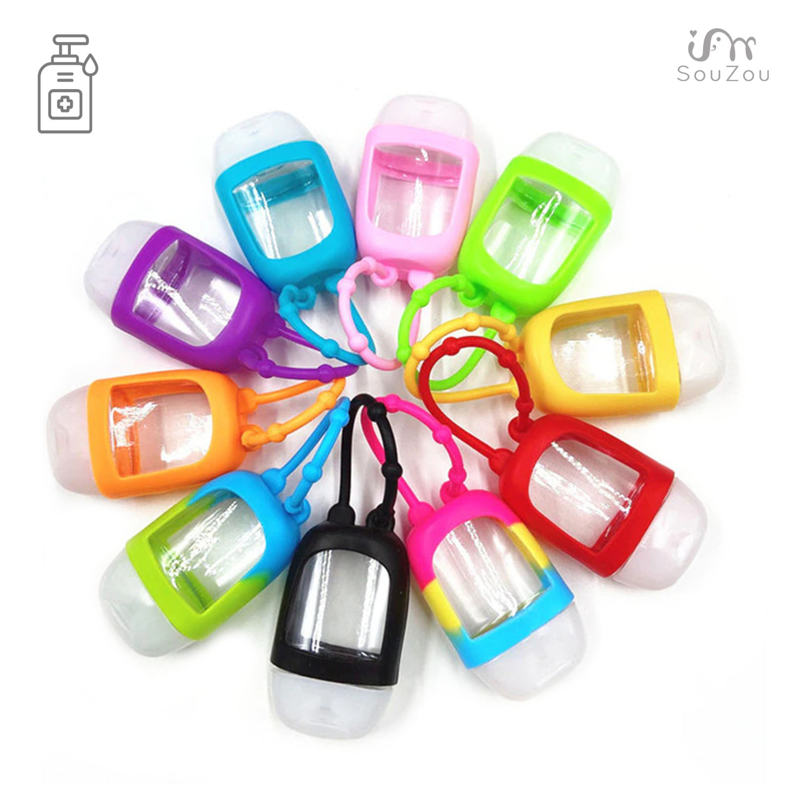 LAHVIČKA NA DEZINFEKČNÍ GEL NA RUCE SE SILIKONOVÝM POUZDREM 