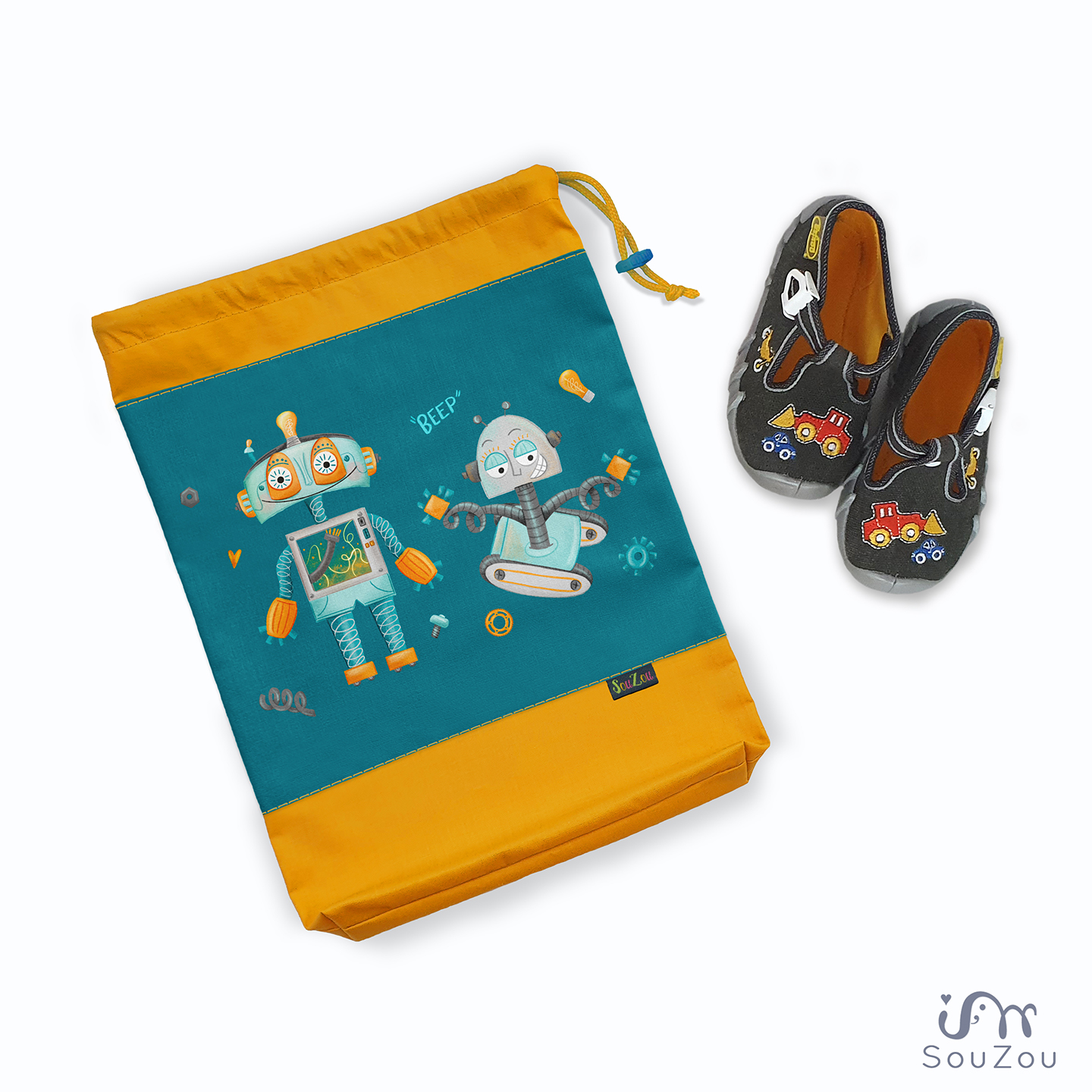 AUTORSKÝ pytlík na bačkorky ROBOTI