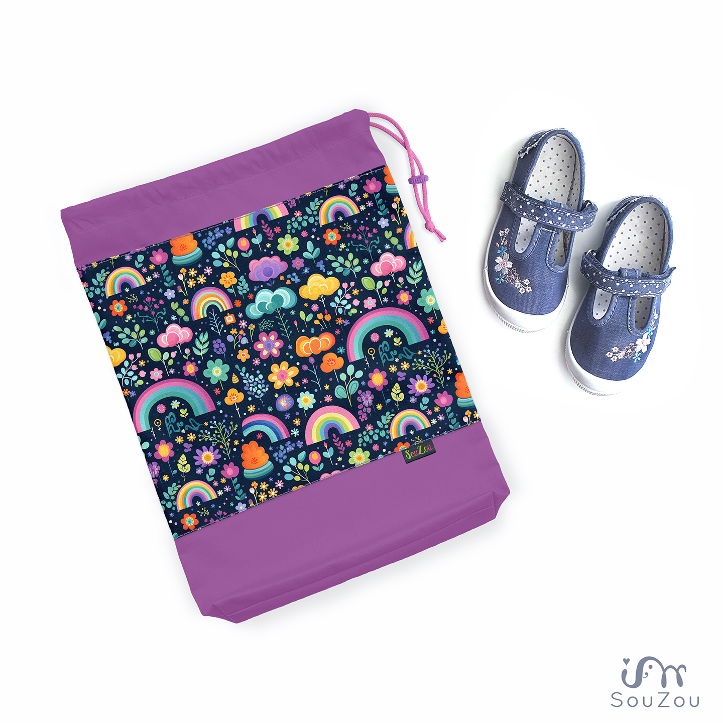 AUTORSKÝ pytlík na bačkorky KYTIČKY s DUHOU